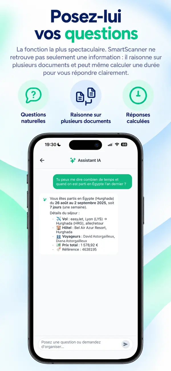 Assistant IA de SmartScanner : à la question « combien de temps et quand est-on parti en Égypte l’an dernier ? », il répond à partir de plusieurs documents du voyage avec les dates, la durée, le vol, l’hôtel et le prix total.