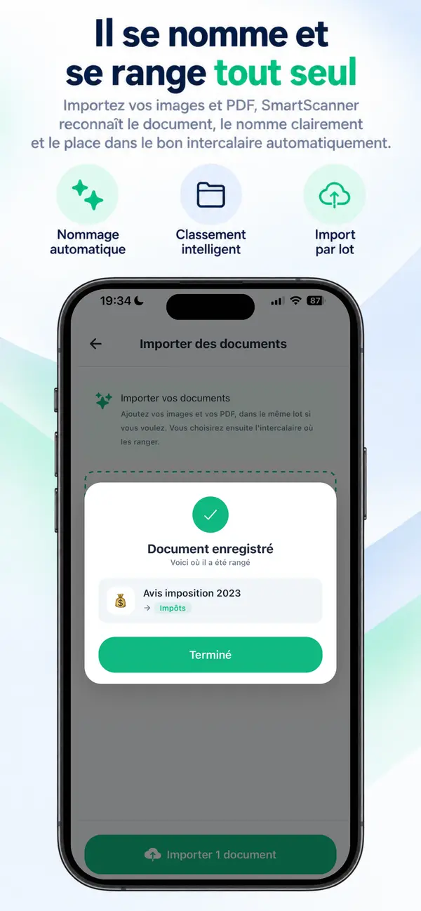Écran d’import de SmartScanner avec Premium : le document est nommé « Avis imposition 2023 » et rangé dans l’intercalaire Impôts.