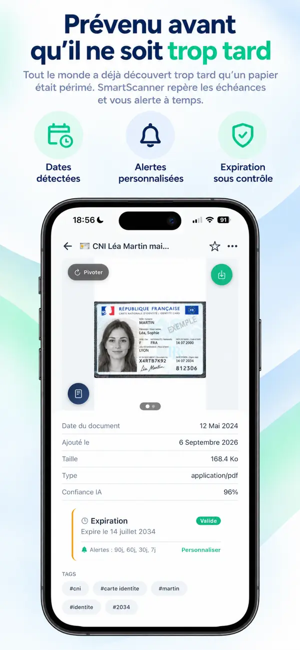 Fiche d’une carte d’identité spécimen marquée EXEMPLE dans SmartScanner : expiration le 14 juillet 2034, alertes 90, 60, 30 et 7 jours avant.