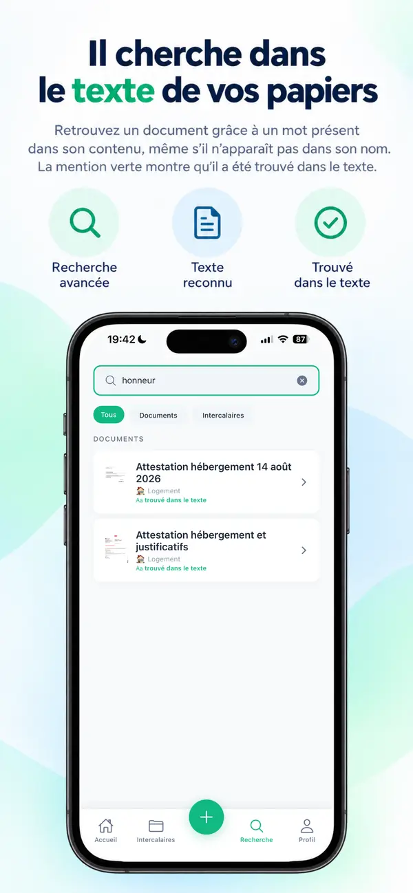 Recherche SmartScanner : le mot « honneur » retrouve deux documents « Attestation hébergement » de l’intercalaire Logement, marqués « trouvé dans le texte ».